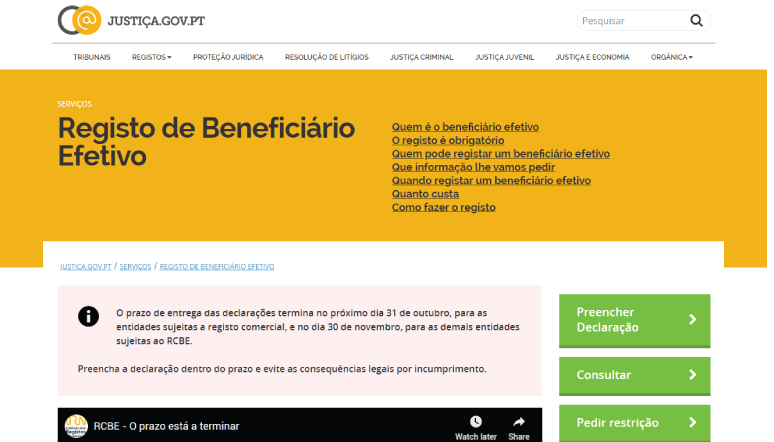 Gerir Pequeno Registo Central do Beneficiário Efetivo